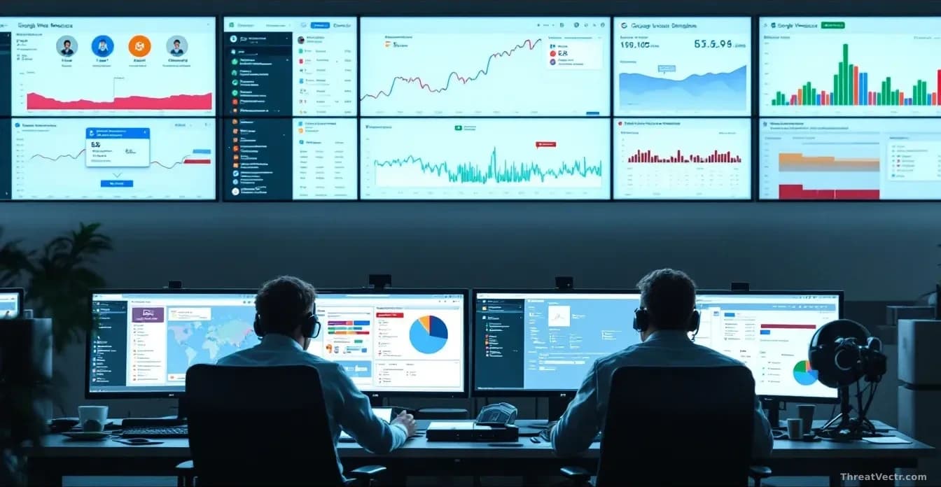 A security operations center with multiple monitors displaying Google Workspace account activity logs and breach indicators, with analysts seated at desks revie