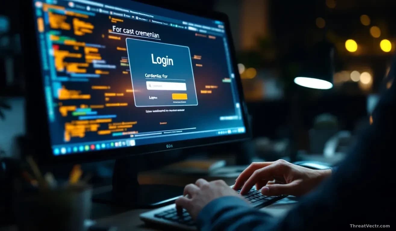 A corporate office worker at a desk, illuminated by monitor light, typing credentials into a login form on their screen while unaware of malicious intent, with