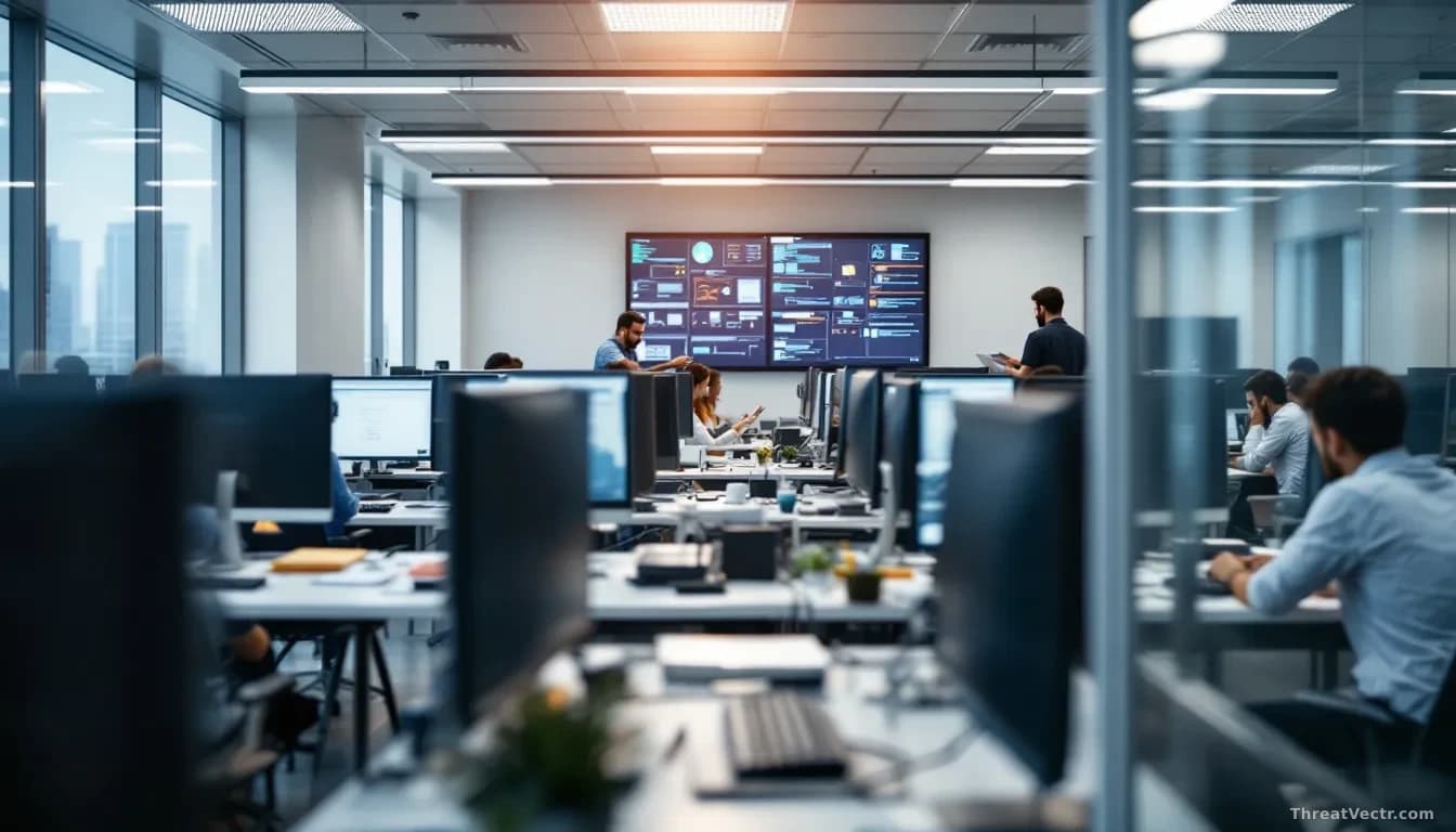 A corporate office dealing with incident recovery—multiple workstations being restored, IT technicians coordinating, backup systems and recovery documentation v