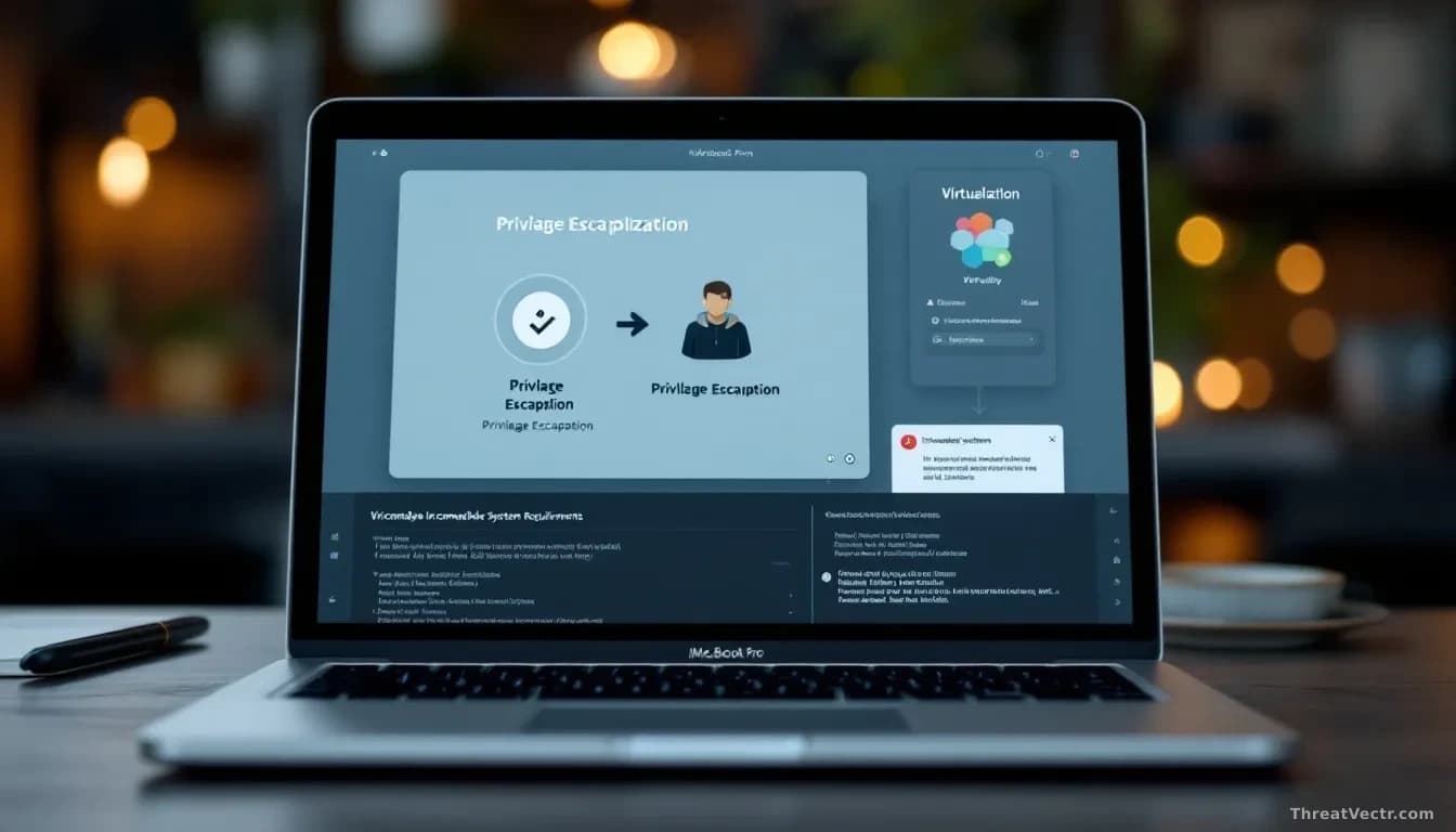 A MacBook Pro laptop on a desk showing virtualization software running, with a privilege escalation vulnerability diagram and an incompatible system requirement