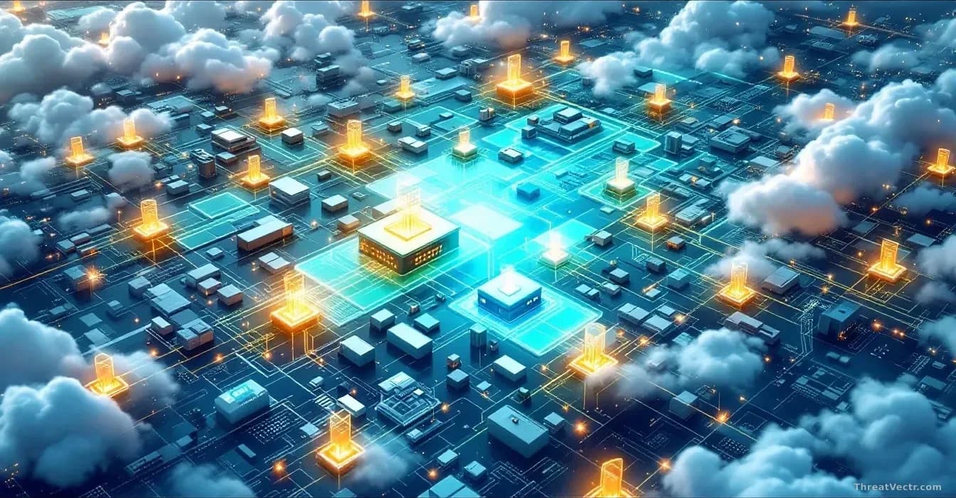 An illustrated digital landscape showing a corporate network perimeter mapped from above like a city, with multiple entry points, devices, and access nodes high