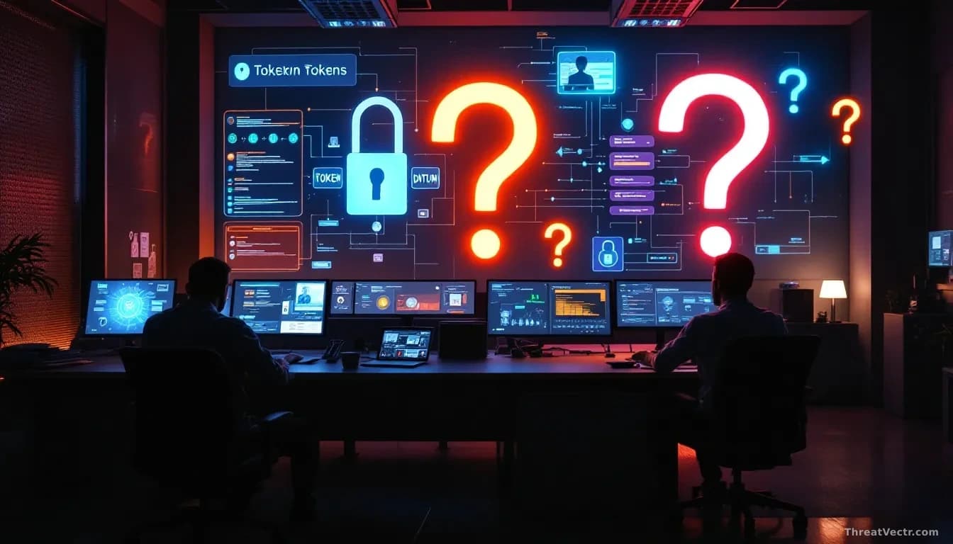 A government cybersecurity office with multiple screens displaying digital token formats, authentication systems, and AI agent process flows, with ambiguous que