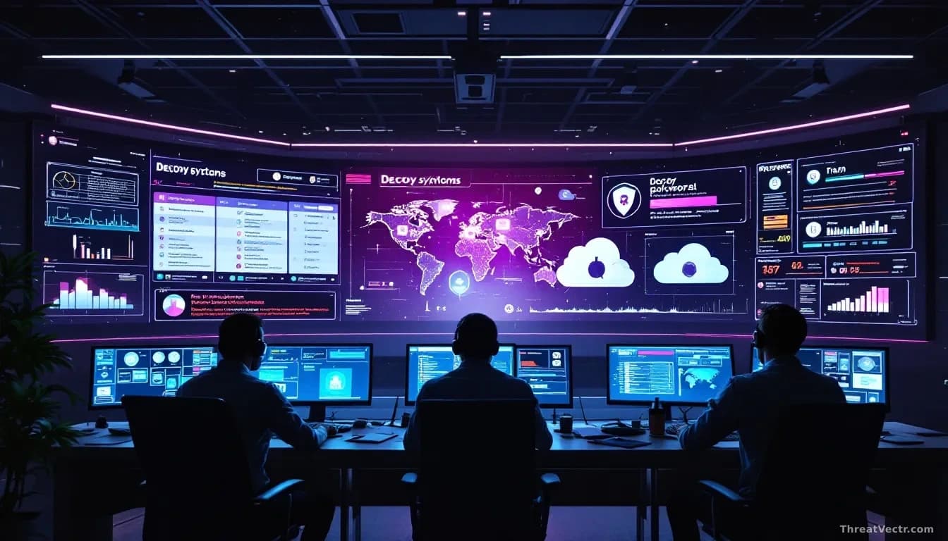 A cybersecurity operations center with security analysts viewing multiple decoy systems and honeypot alerts on large displays, with trap tripwires and fake cred