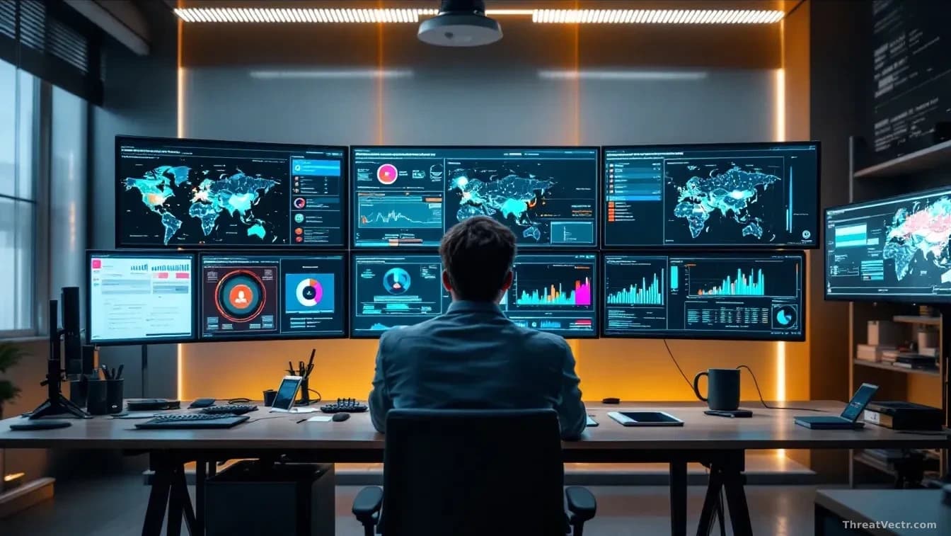 A security research facility with multiple threat intelligence dashboards displayed on screens, showing attack campaign attribution maps and malware analysis da