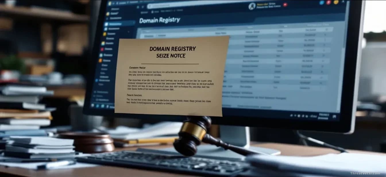 A computer screen displaying a domain registry interface with a seized notice overlaid, legal documents and court filings visible in stacked papers on a desk ne