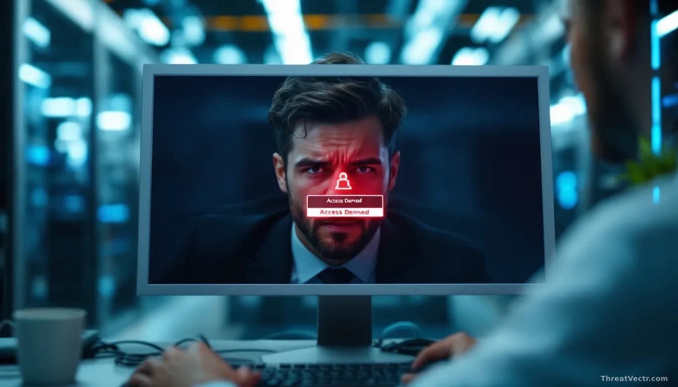 A frustrated office worker at a desktop computer facing a Windows login error screen with 'Access Denied' message, with network cables and IT infrastructure vis