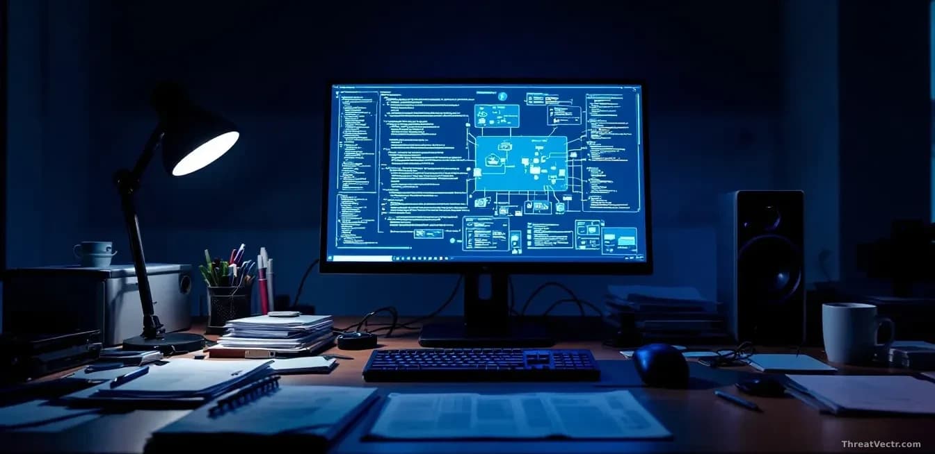 A computer workstation displaying cascading code and network diagrams in dim blue light, with forensic investigation equipment and documentation scattered acros
