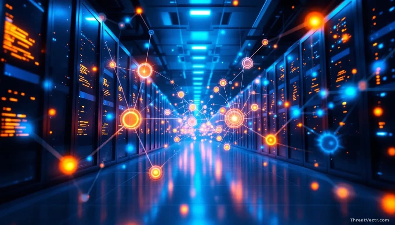 Photoreal news-editorial 16:9 image of a large server room bathed in cool blue light, with abstract glowing network lines connecting floating translucent nodes