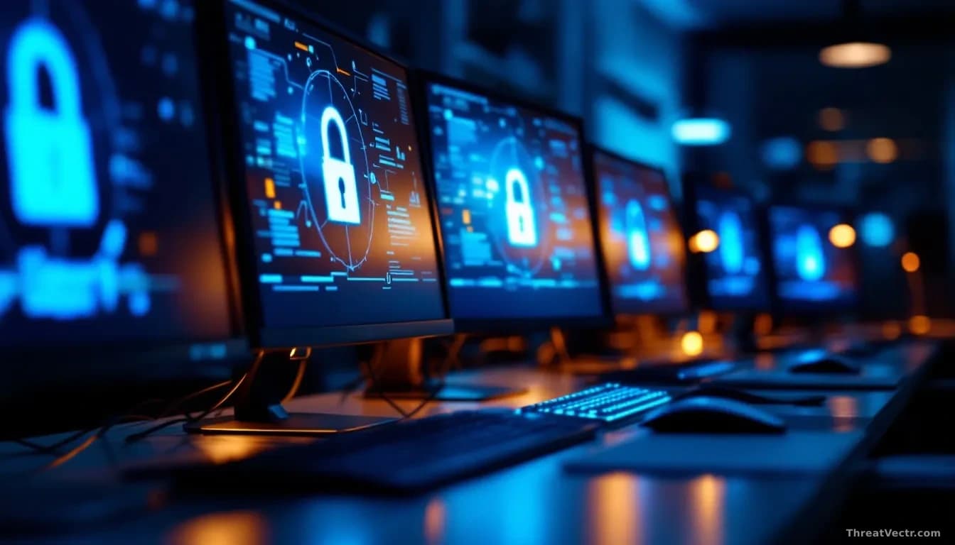 Full-frame edge-to-edge photoreal news-editorial shot of a darkened corporate office at night, several unattended desktop monitors glowing with generic blue log