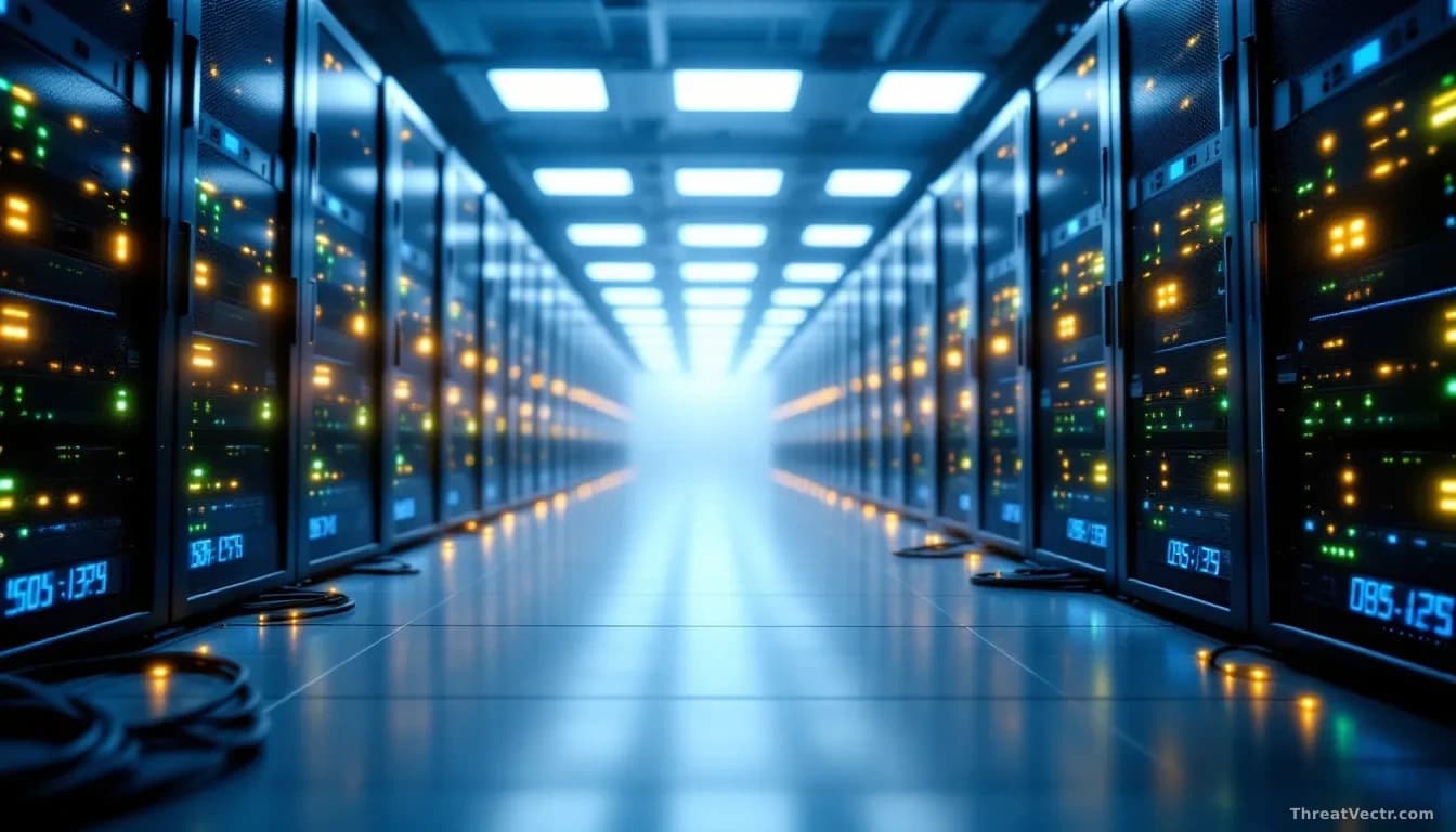 A vast server room shot from floor level, rows of rack-mounted servers extending to the horizon under cool blue-white overhead lighting, indicator lights blinki
