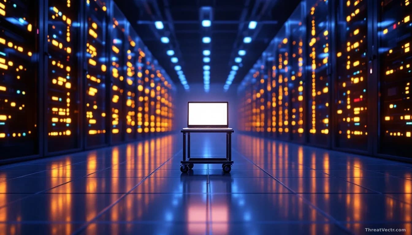 Photoreal news-editorial image, full frame 16:9, of a dimly lit server room with a single illuminated laptop on a rolling cart, screen glow reflecting on polish