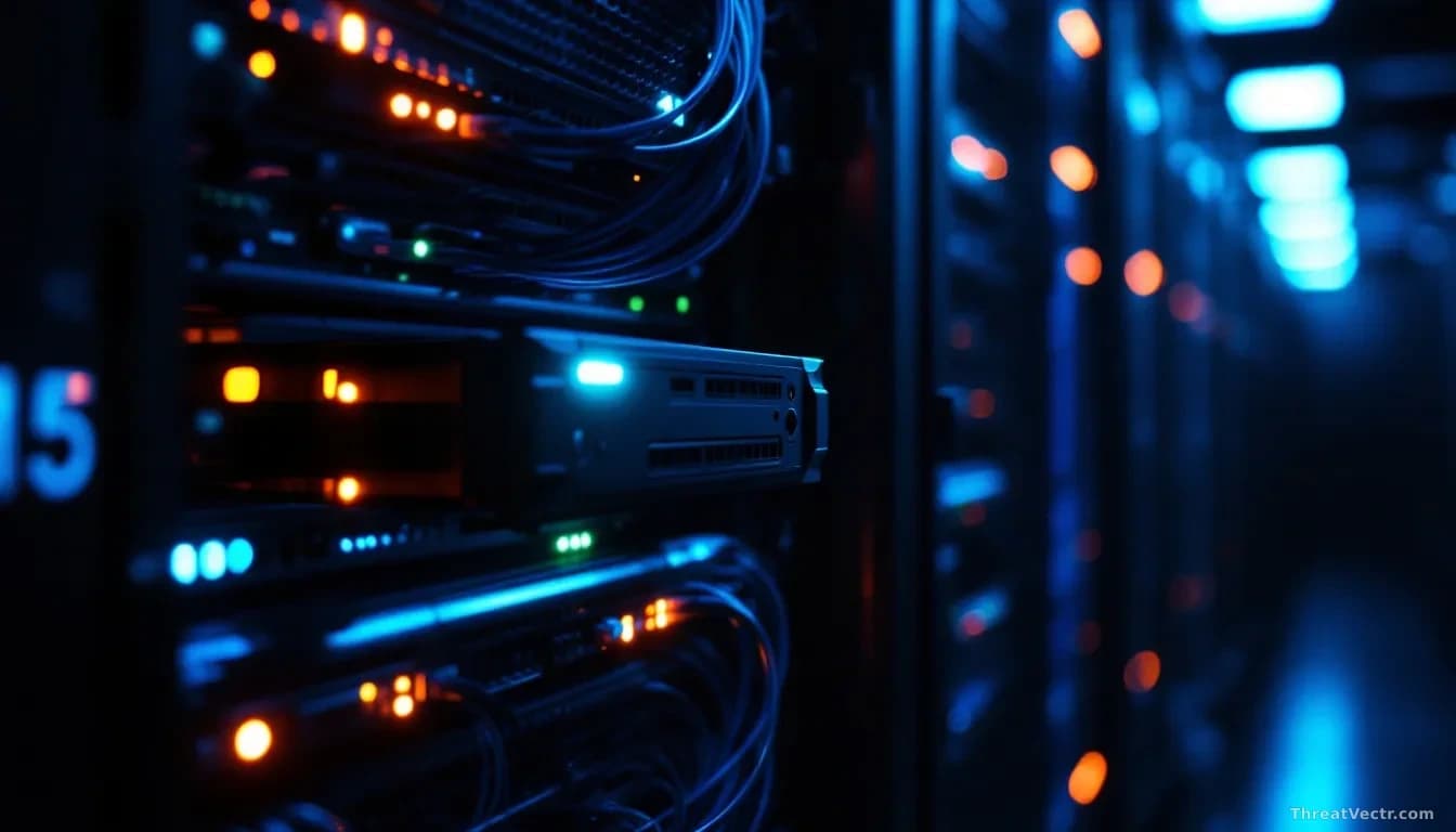 Full-frame edge-to-edge photoreal news-editorial image of a dimly lit server rack in a data centre, one 1U server pulled halfway out on its rails, network cable