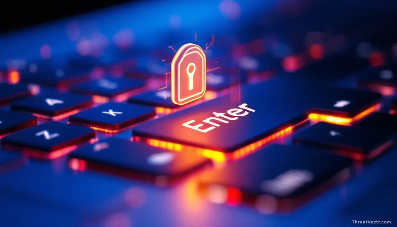 Full-frame edge-to-edge photoreal news-editorial image of a glowing laptop keyboard at night with a faint holographic key hovering above the enter key, cool blu