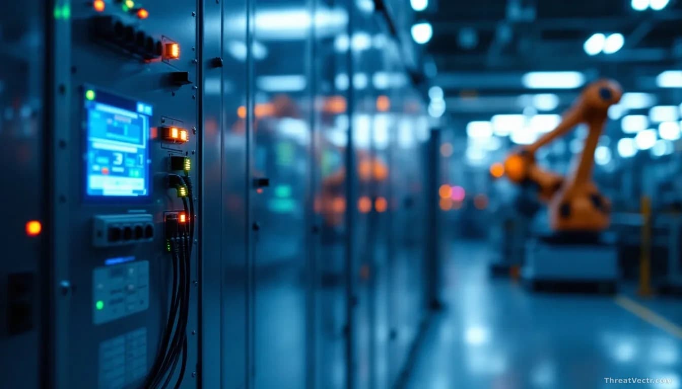 Full-frame edge-to-edge photoreal editorial shot of a modern automotive factory floor at low light, focused on a row of industrial control cabinets with blinkin