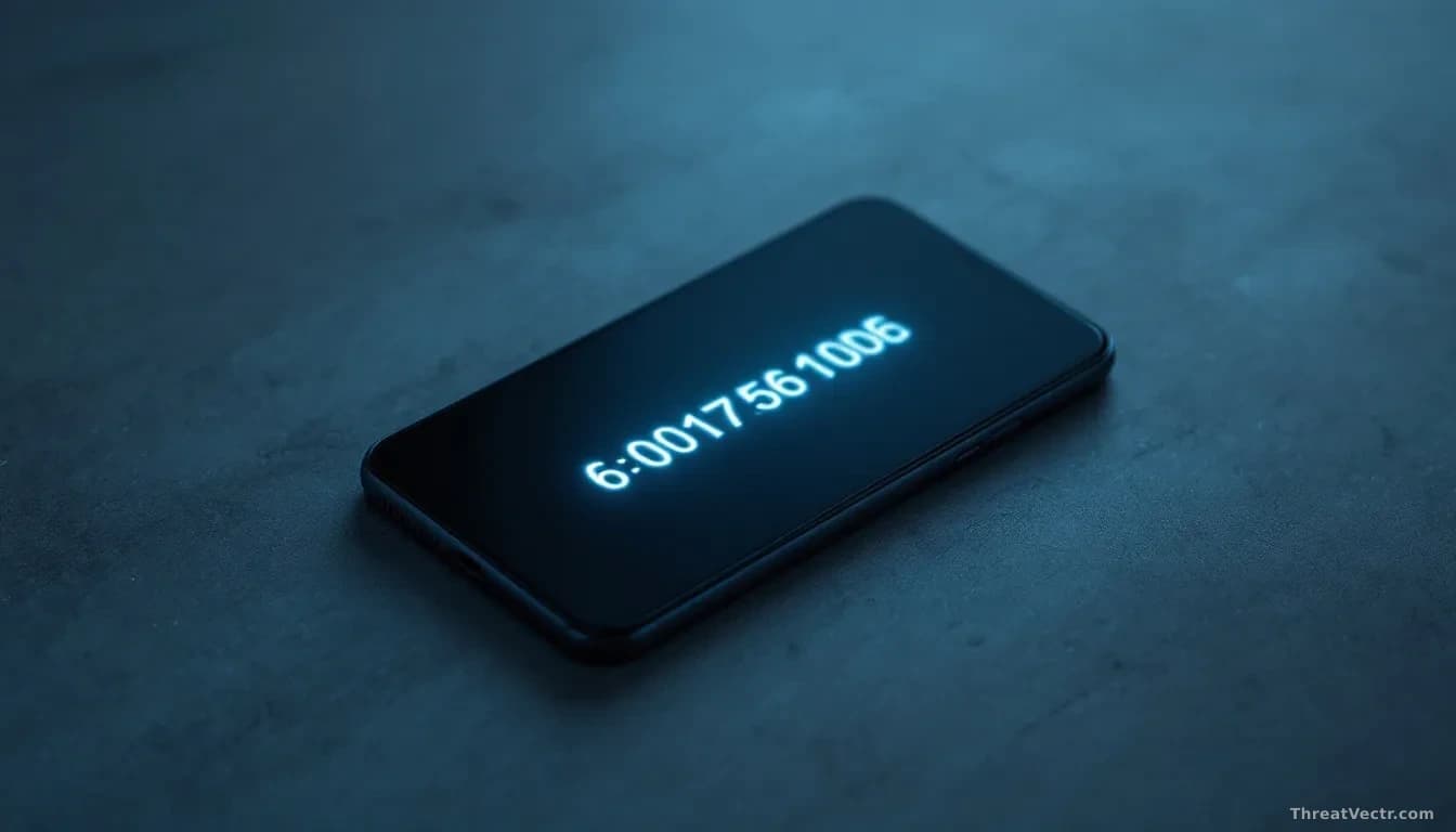 Photoreal news-editorial 16:9 image of a single smartphone lying flat on a plain concrete desk, its screen glowing with a generic six-digit authentication code