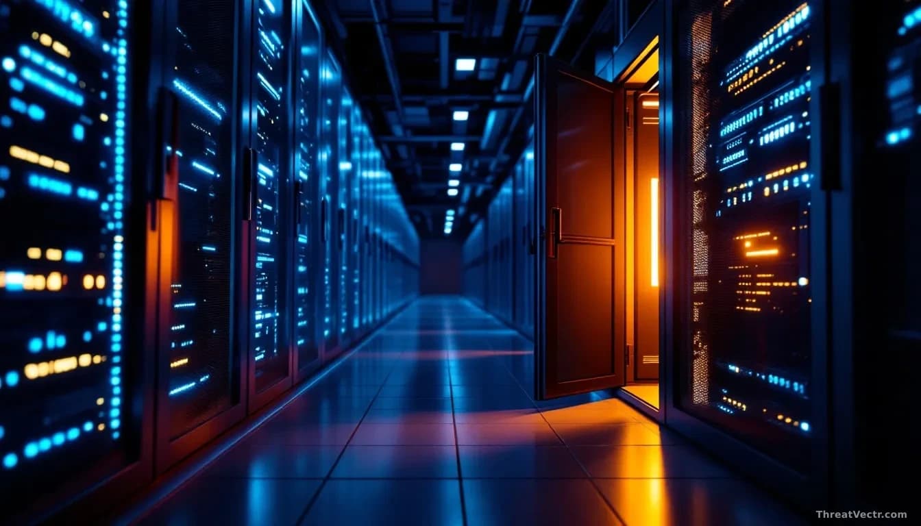 Full-frame edge-to-edge photoreal news-editorial shot of a dimly lit modern data centre corridor, rows of server racks glowing faint blue, one rack door slightl