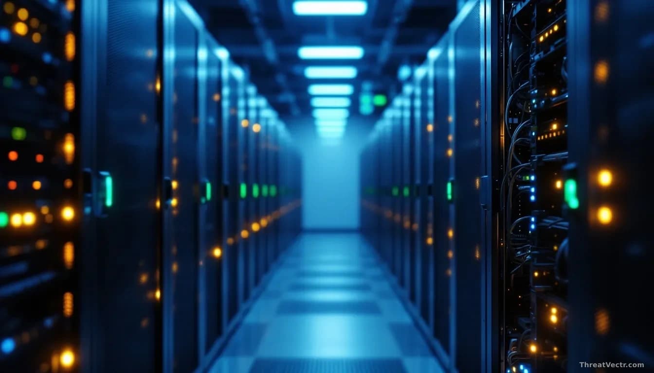 Full-frame edge-to-edge photoreal news-editorial image of a dimly lit server room aisle with rows of rack-mounted Linux servers, small green and amber status LE