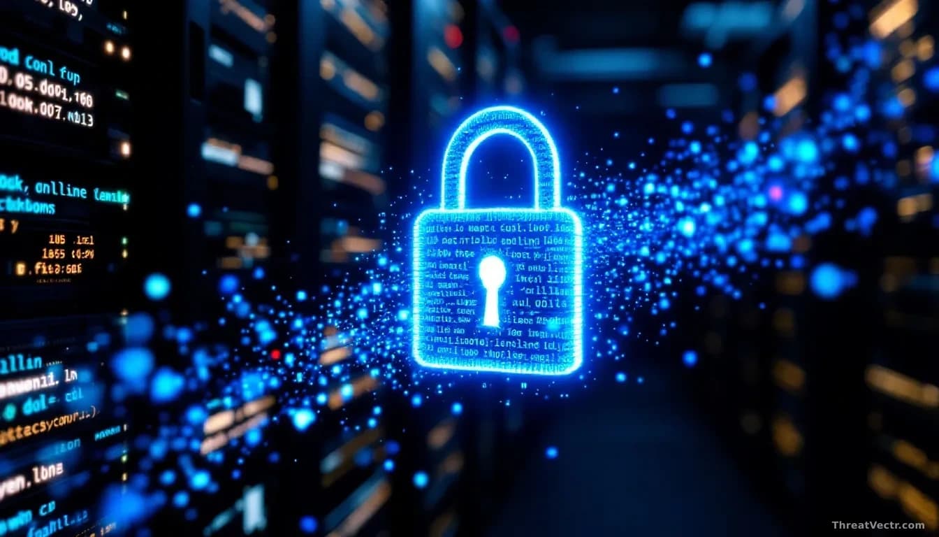 A glowing blue padlock made of translucent code fragments slowly dissolving into streams of light against a dark server room background, with rows of blinking r