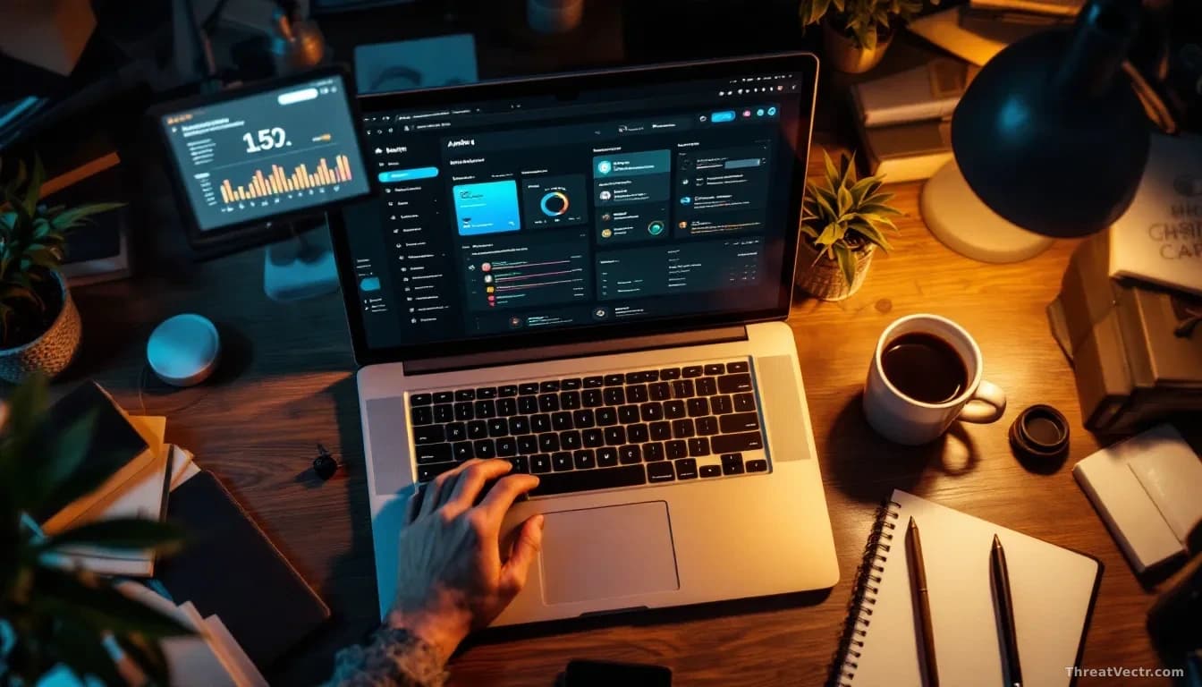 Full-frame edge-to-edge overhead photo of a cluttered desk with an open laptop showing a generic dark website admin dashboard, a coffee cup, a notebook with pen