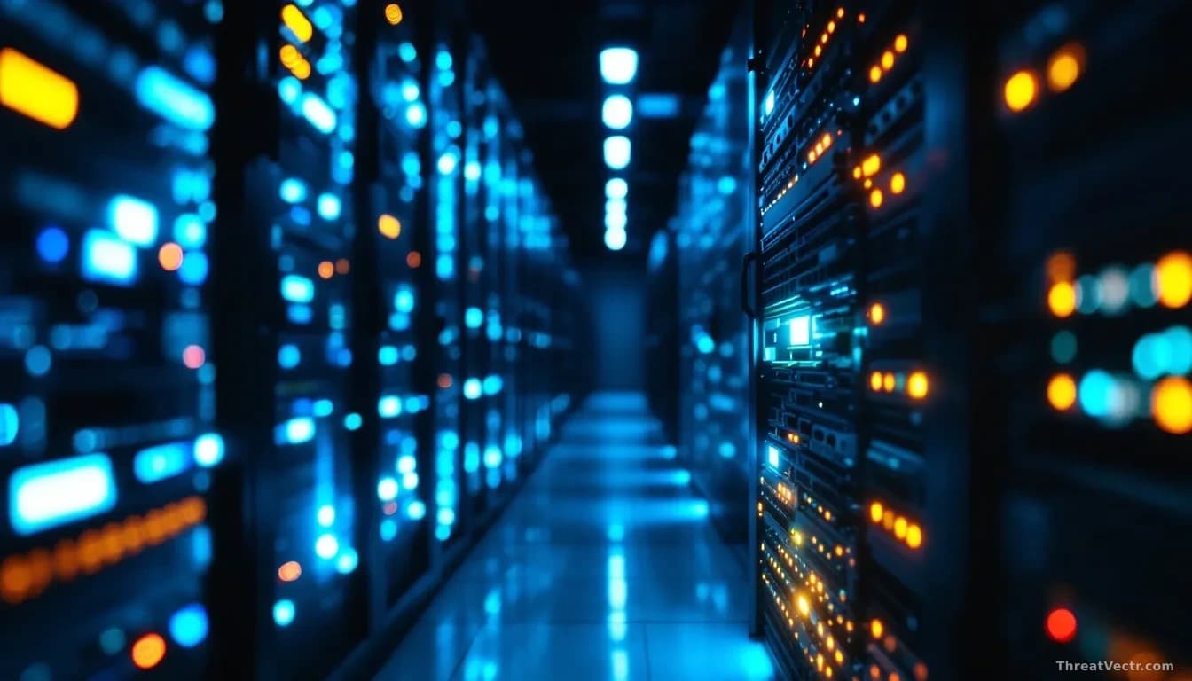 Full-frame edge-to-edge photoreal editorial shot of a dimly lit server rack in a data centre, blue and amber status LEDs reflecting off polished floor tiles, sh
