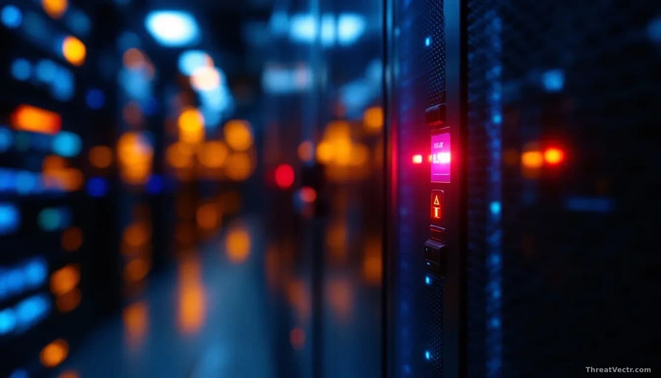 Full-frame edge-to-edge photoreal news-editorial image of a dimly lit server rack in a modern data center, blue and amber indicator lights reflecting on glass p
