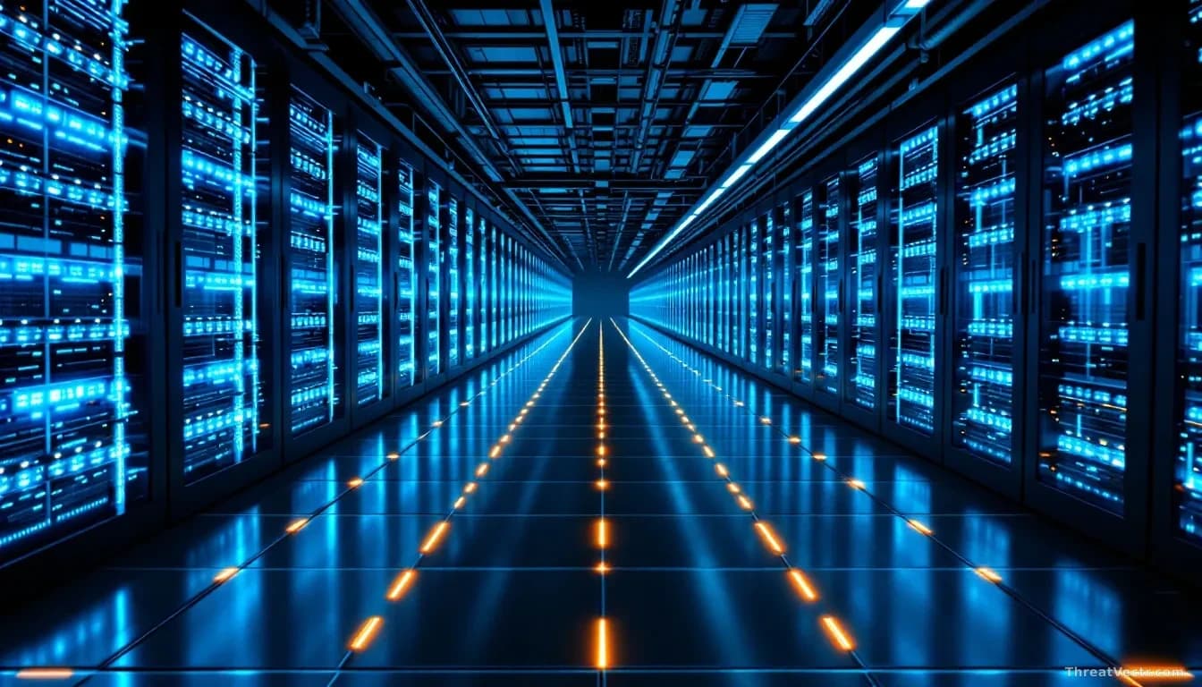 Full-frame edge-to-edge photoreal overhead shot of a modern data centre cold aisle at night, blue LED indicator lights reflecting on polished floor, faint bluep