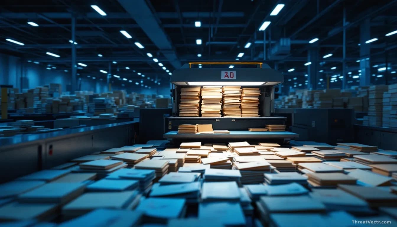 Full-frame edge-to-edge photoreal editorial shot of a cluttered corporate mail sorting facility at dusk, thousands of pale envelopes moving along a conveyor wit