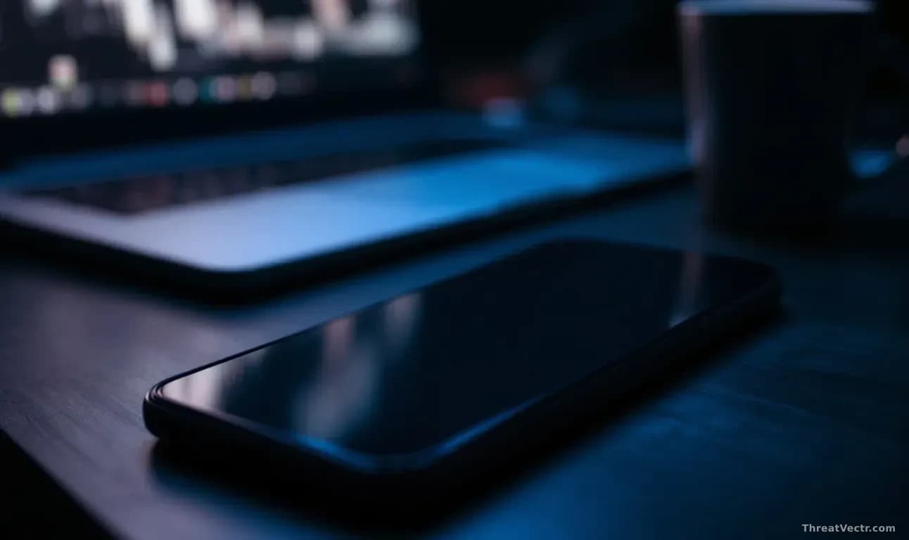 Full-frame edge-to-edge photoreal editorial shot of a smartphone lying face-up on a dark office desk, screen showing a generic unknown-caller interface glowing