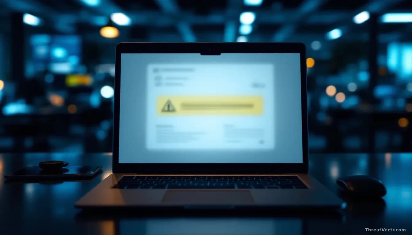 Full-frame edge-to-edge photoreal news-editorial shot of a darkened corporate open-plan office at night, a single laptop screen glowing with a generic blurred v