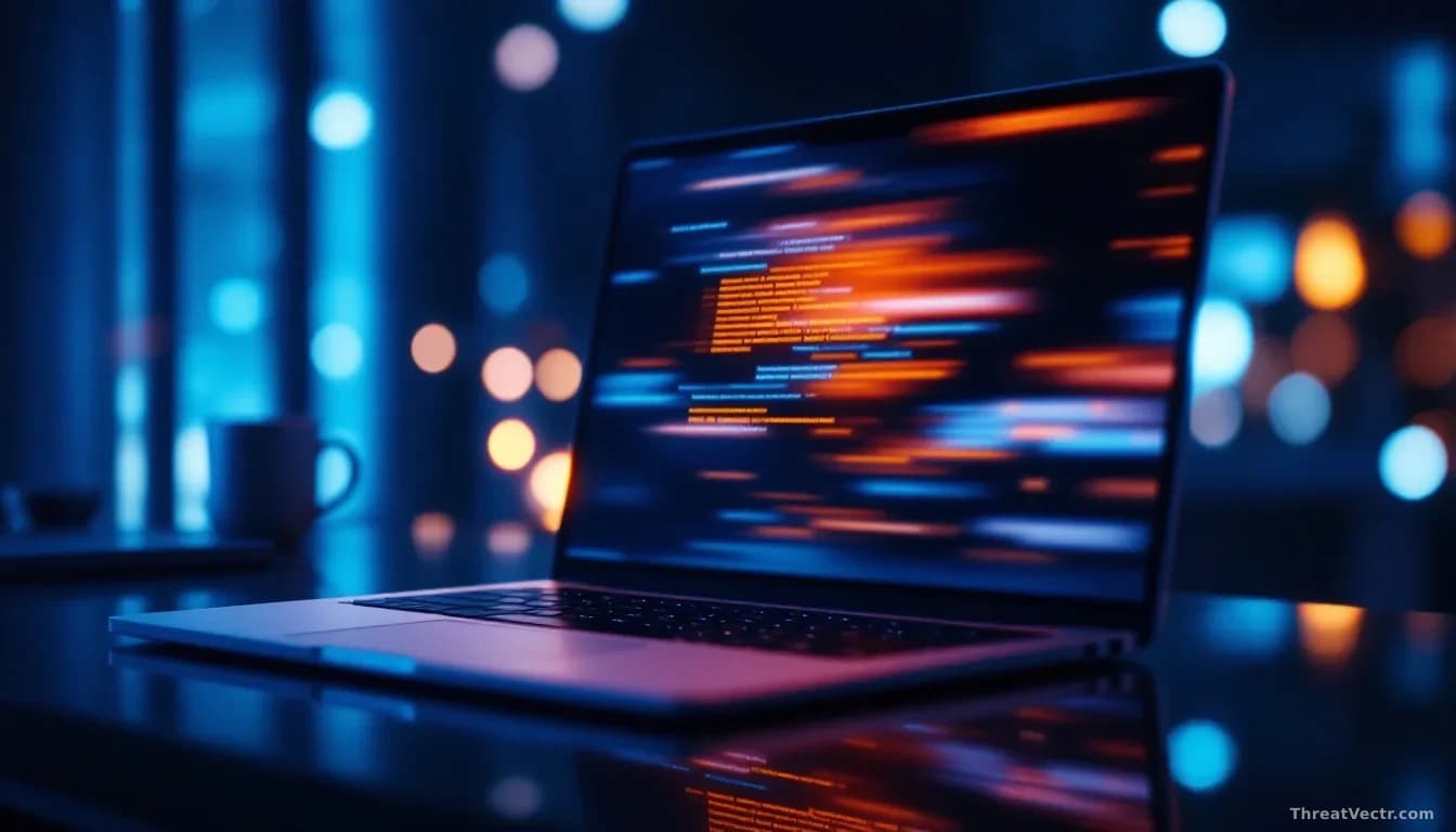 Full-frame edge-to-edge photoreal editorial shot of a modern silver laptop on a dark desk, screen glowing with an abstract blurred error dialog reflected on a g