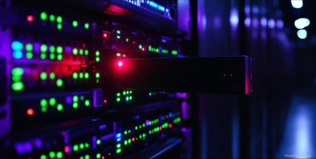 Full-frame edge-to-edge photoreal image of a dimly lit server rack in a data centre, one blade server pulled halfway out, a single red status LED glowing among