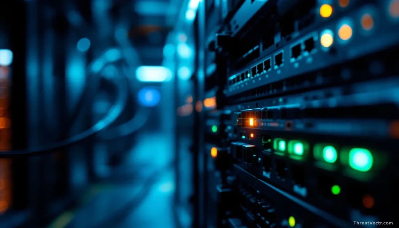 Full-frame edge-to-edge photoreal editorial shot of a rack-mounted network switch in a dim server room, front panel activity LEDs glowing amber and green, ether