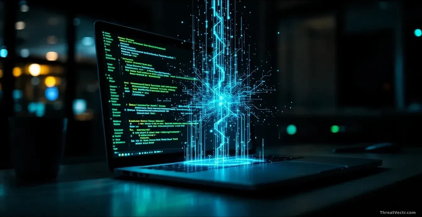 A close-up 16:9 editorial photograph of a developer's desk at night, dark ambient lighting, with a laptop screen glowing and displaying lines of abstract code i
