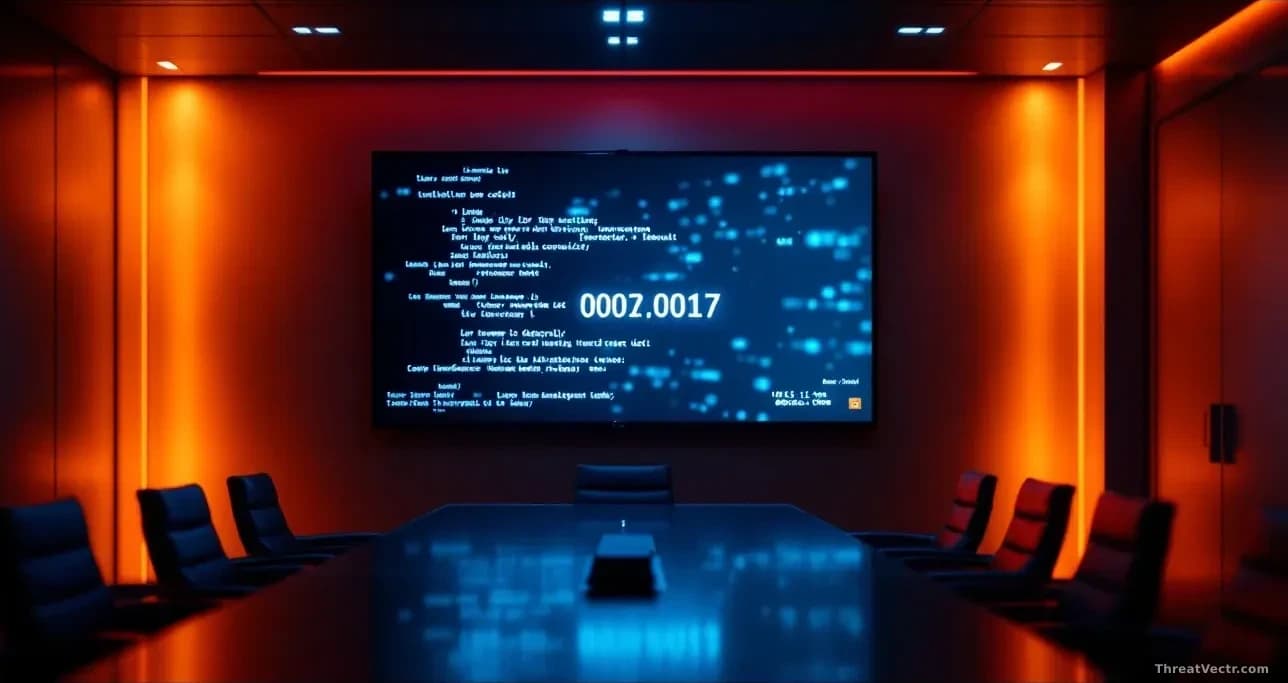 Full-frame edge-to-edge photoreal news-editorial image of a dimly lit modern conference room with a large wall-mounted video conferencing screen displaying an a
