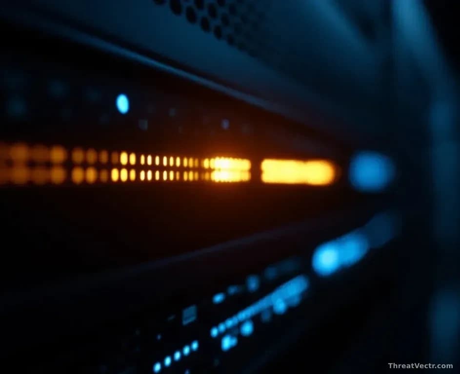 Full-frame edge-to-edge photoreal news-editorial image of a dark server room rack with a single glowing amber ethernet port emitting soft light, blurred blue st