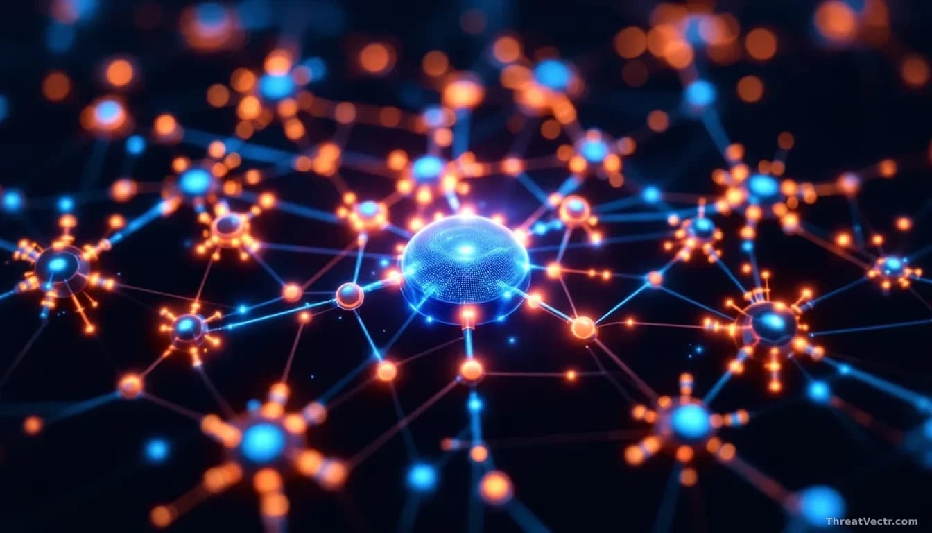 A glowing cluster of interconnected nodes arranged in a voting pattern against a deep navy background, each node pulsing with faint electric-blue light, thin da