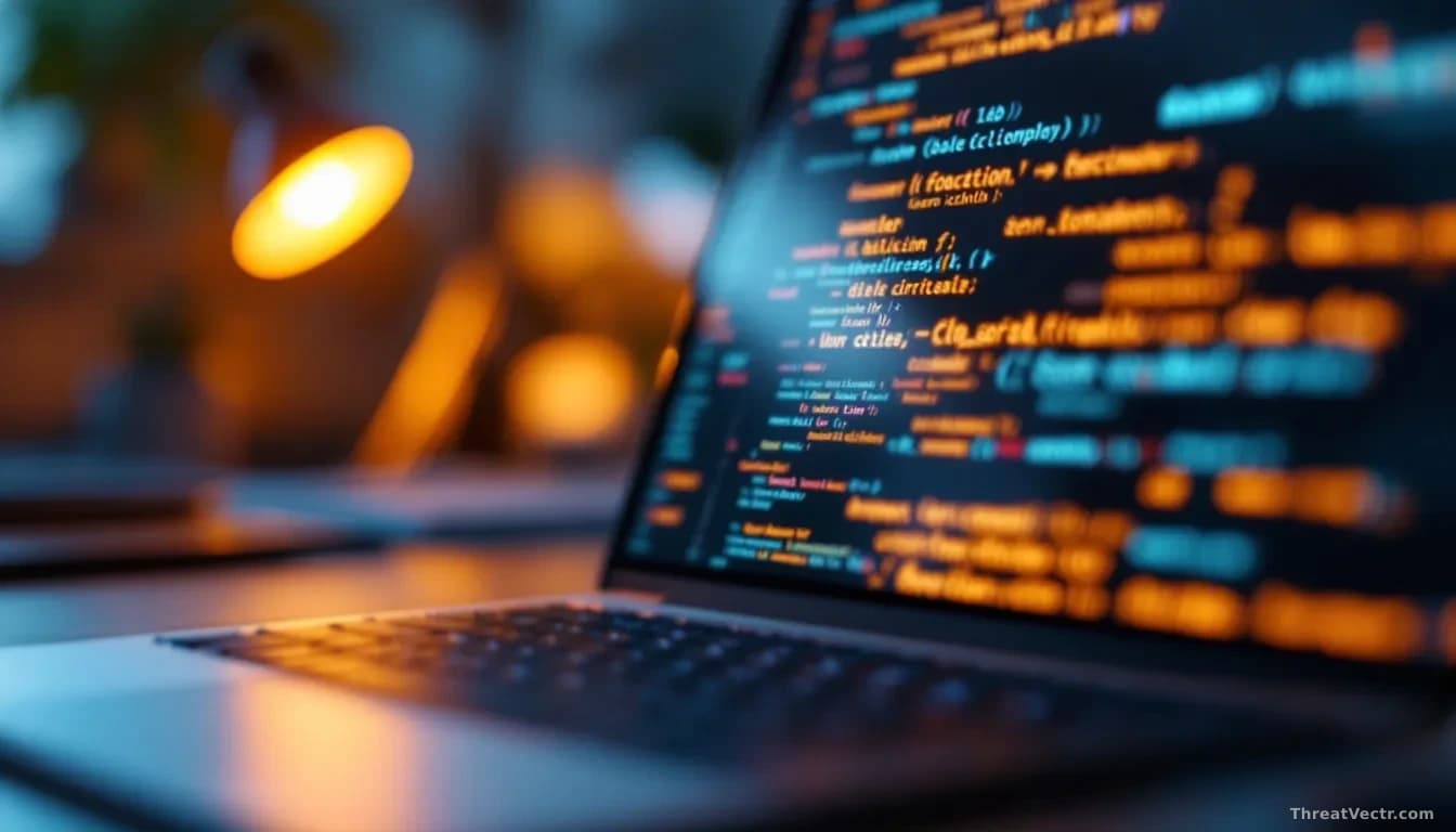 Full-frame edge-to-edge photoreal news-editorial image of a laptop screen showing abstract, unreadable code fragments and a partially rendered vector-graphic th