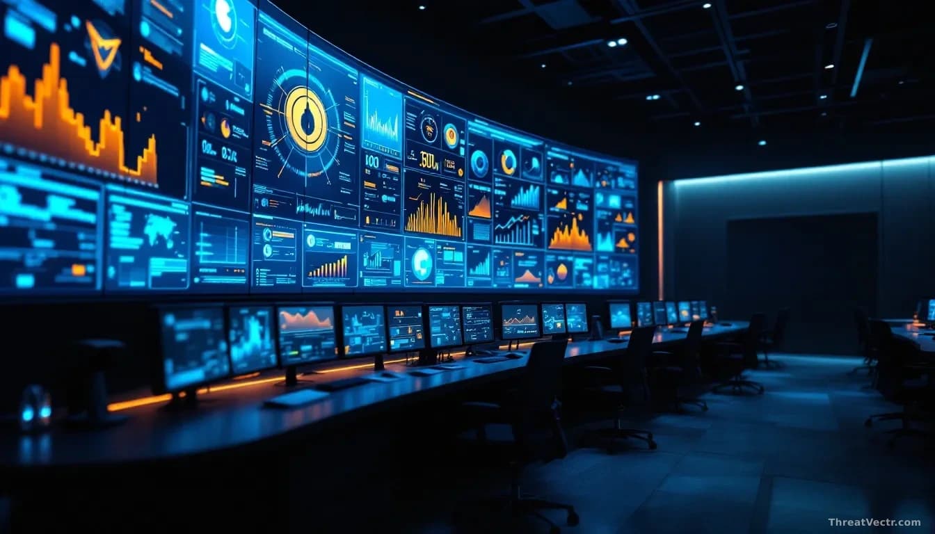 Full-frame edge-to-edge photoreal editorial shot of a modern security operations center at night, rows of dark curved desks facing large wall-mounted dashboards