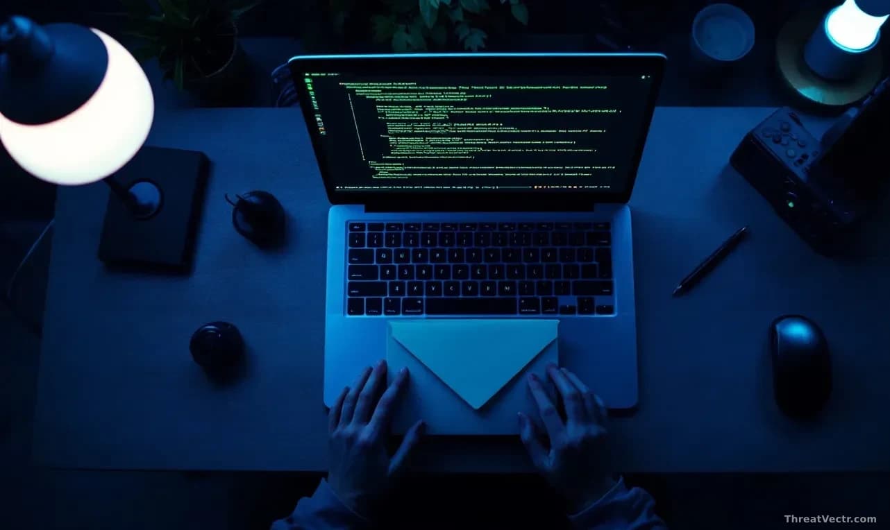 Full-frame edge-to-edge photoreal overhead shot of a developer workstation at dusk, a mechanical keyboard and an open laptop showing an abstract green-on-dark t