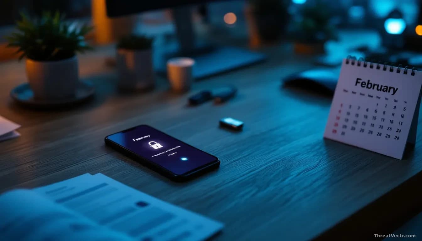 Full-frame edge-to-edge overhead photoreal shot of a modern office desk at dusk, a smartphone displaying a generic passkey biometric prompt glow next to a small