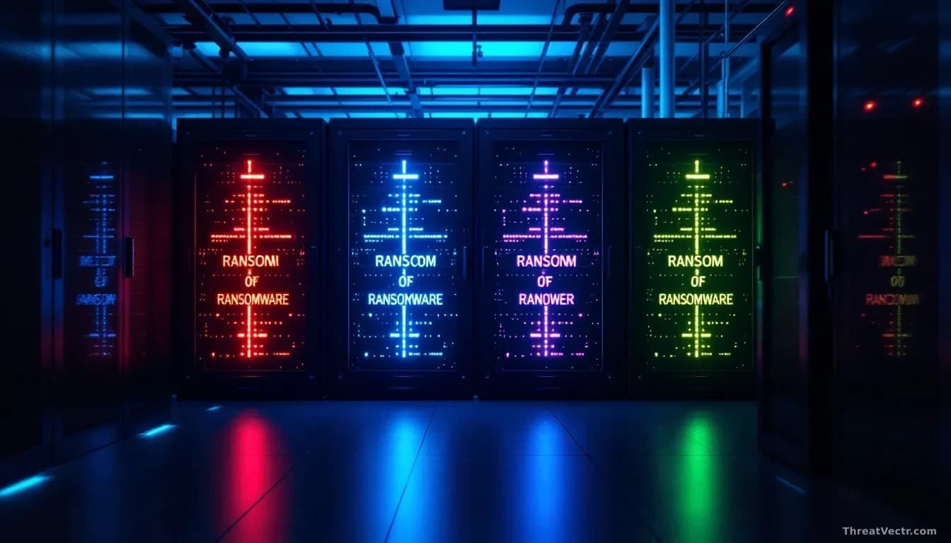 Full-frame edge-to-edge photoreal editorial image of a dimly lit server room with four identical rack cabinets, each glowing a different colour (red, amber, blu