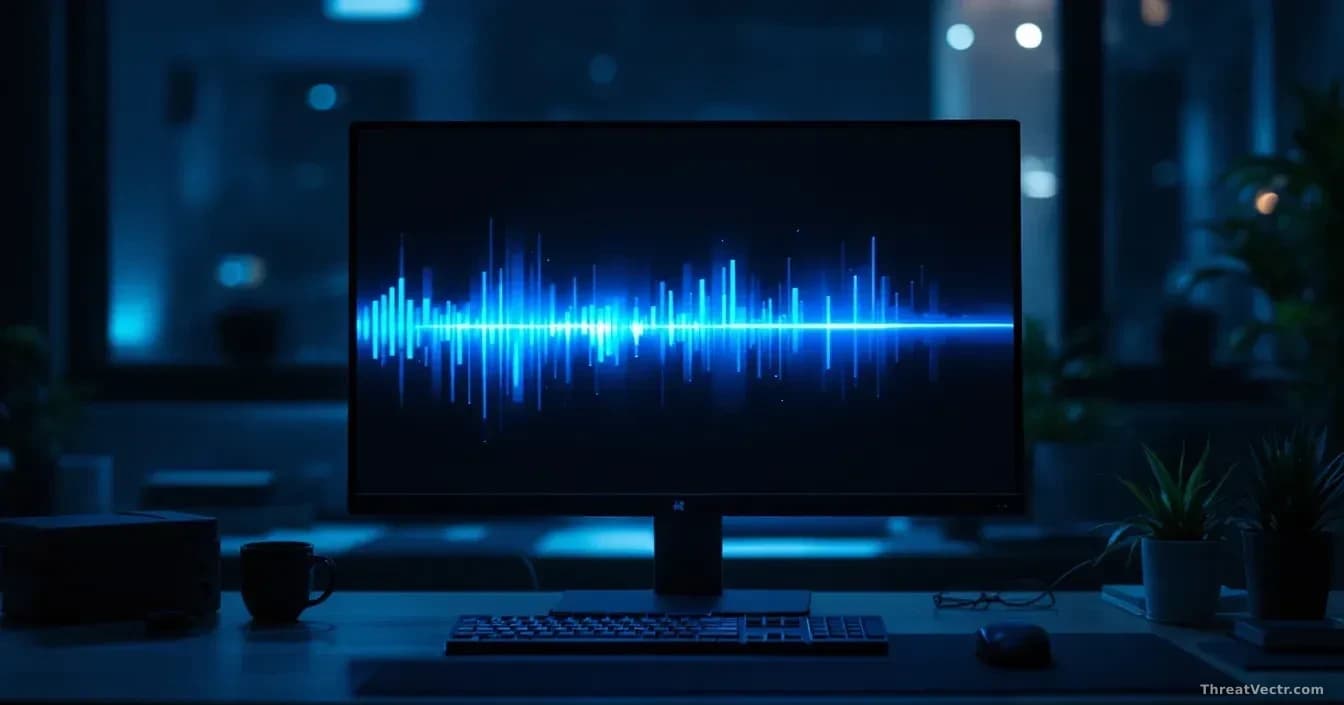 Full-frame edge-to-edge photoreal editorial image of a darkened office workstation, a large monitor showing an abstract stalled progress bar in cool blue tones,