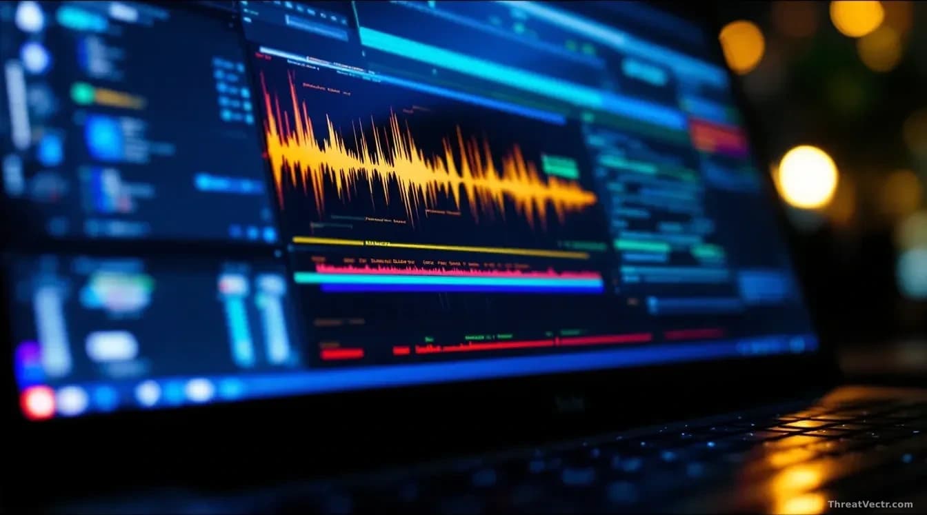 A close-up, edge-to-edge 16:9 photograph of a Windows desktop computer screen glowing in a dim office at night, displaying a waveform audio editing interface wi