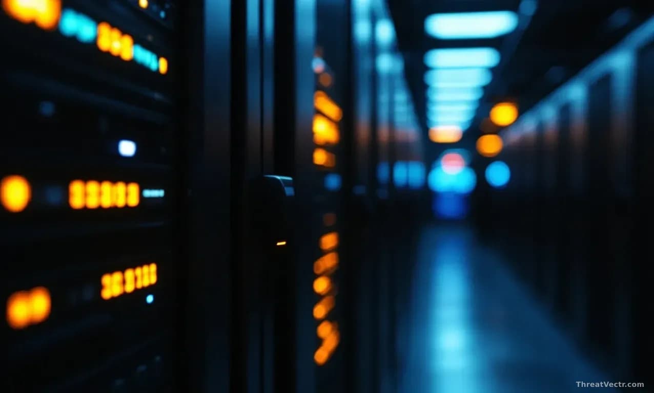 Full-frame edge-to-edge photoreal news-editorial image of a dimly lit enterprise server rack with amber warning LEDs reflecting off glossy black cabinet doors,