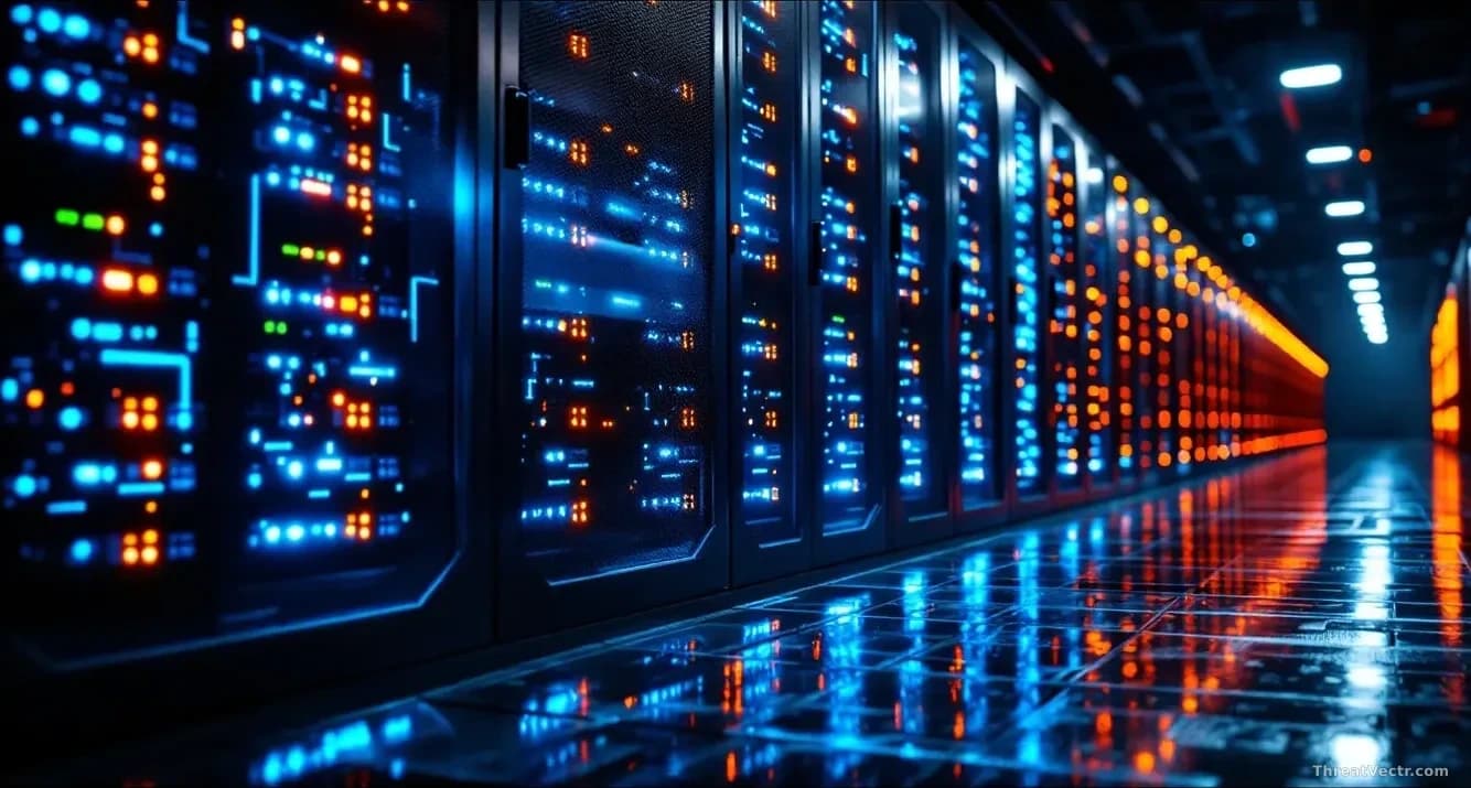 Close-up, 16:9, photoreal news-editorial style: a glowing blue computer server rack in a dark data center, rows of blinking indicator lights reflecting off a we