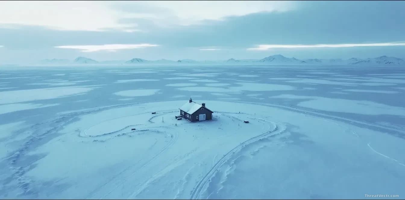 Aerial photorealistic news-editorial photograph of a small, snow-covered Arctic school building surrounded by a vast frozen tundra landscape under a pale winter