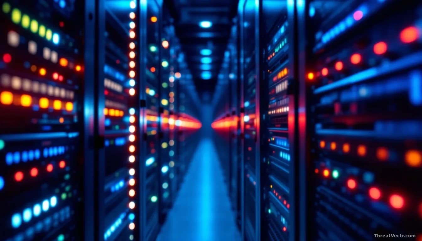 Close-up photoreal editorial photograph of a server rack bathed in deep blue and amber warning light, rows of blinking status LEDs visible along the front panel