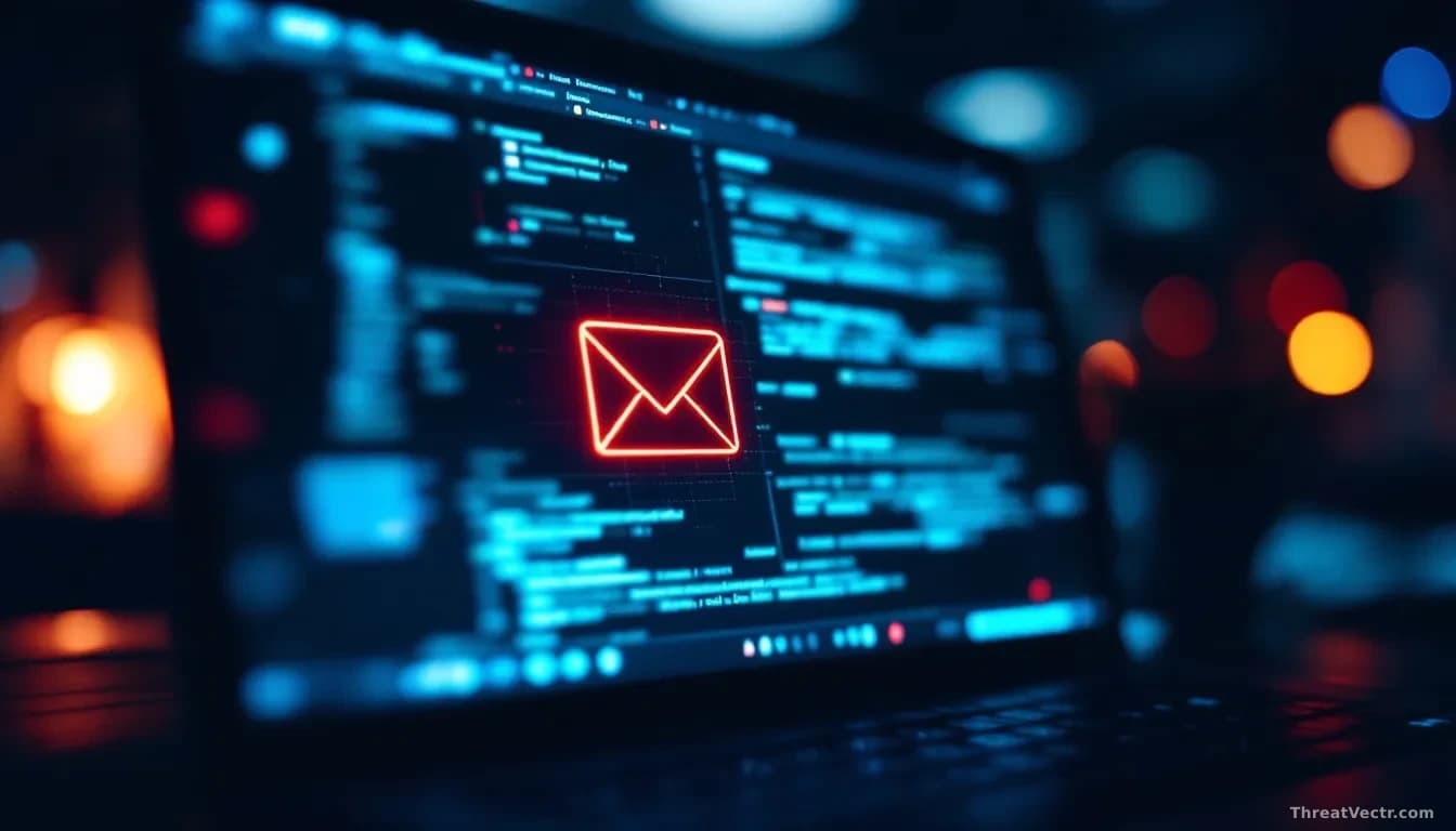 Full-frame edge-to-edge photoreal news-editorial image of a dimly lit laptop screen showing a generic email inbox with a red-tinted paperclip attachment icon, c