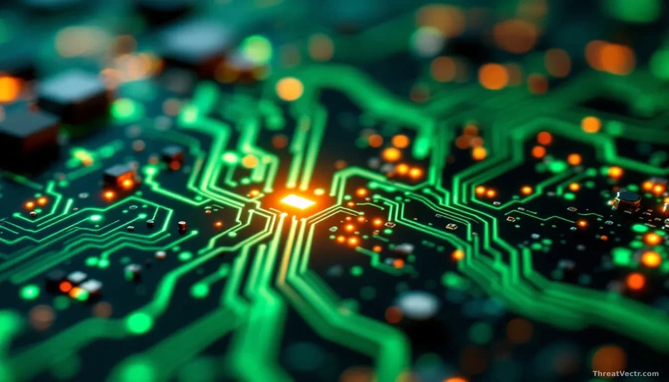 Macro photograph of green circuit board traces glowing faintly in low light, with one section subtly illuminated in amber suggesting a hidden active signal bene