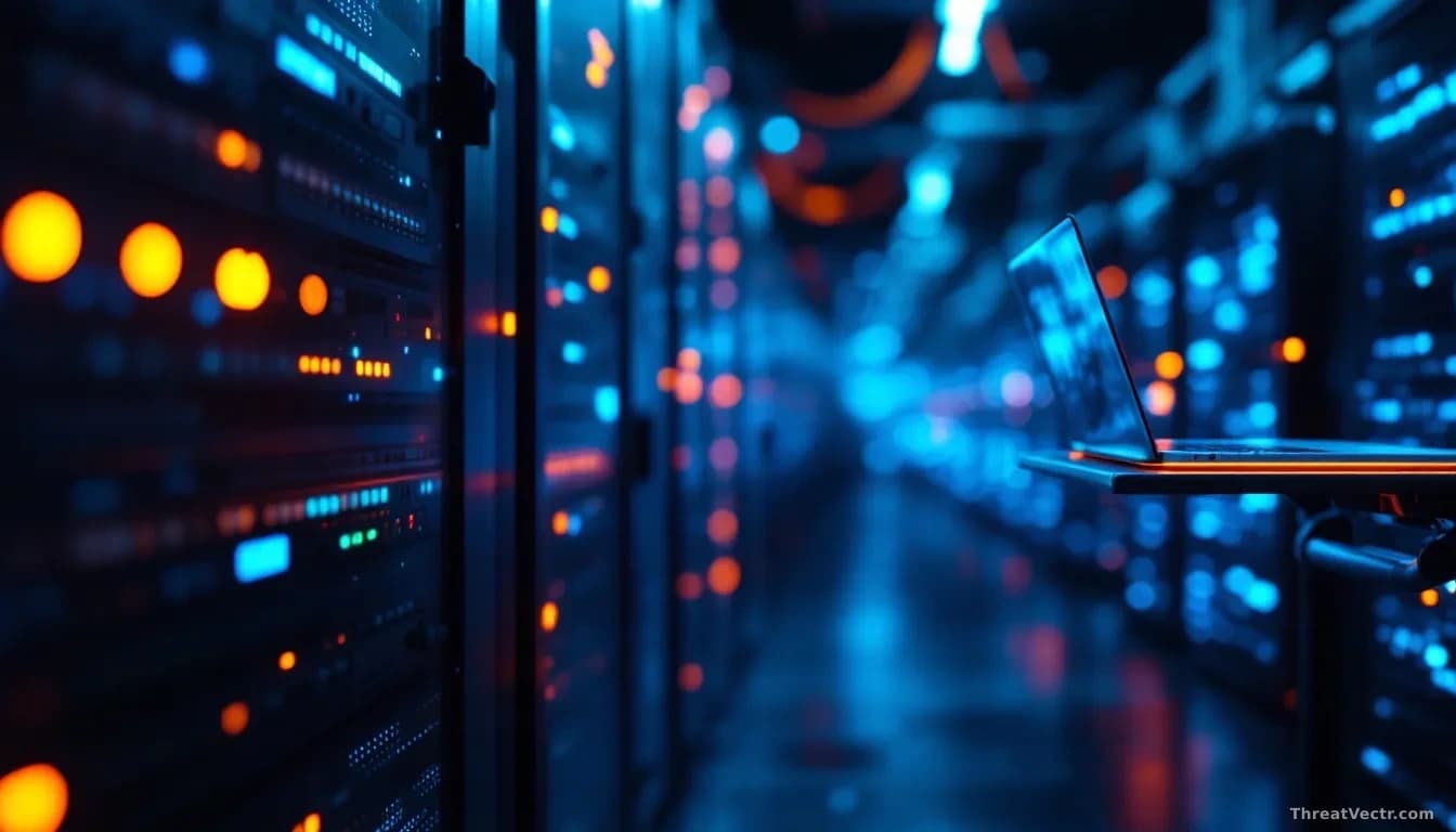Full-frame edge-to-edge photoreal news-editorial image of a darkened corporate server room, rows of blue and amber indicator lights on rack-mounted equipment, a